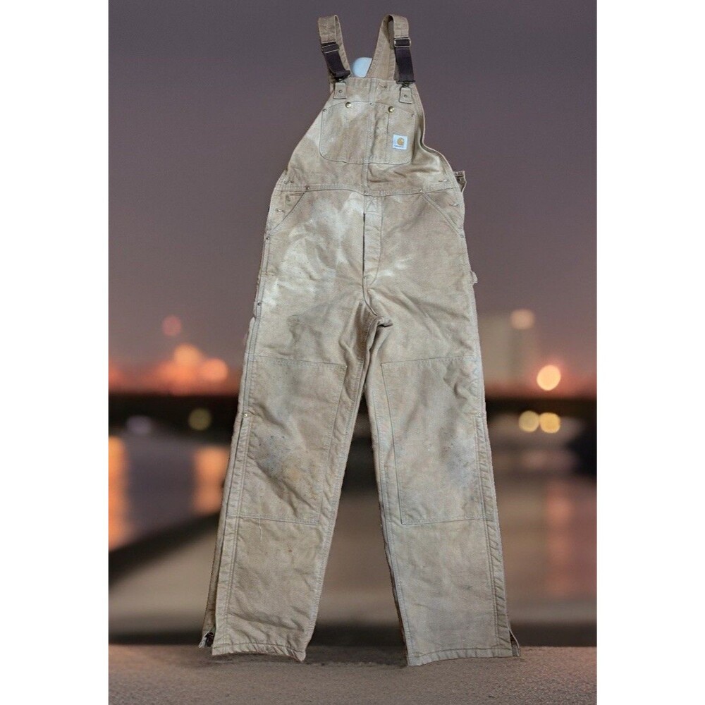 Carhartt 6FBQZ Vintage Cotton Duck Beige Insulated Bib Overalls Men's Sz 38x34